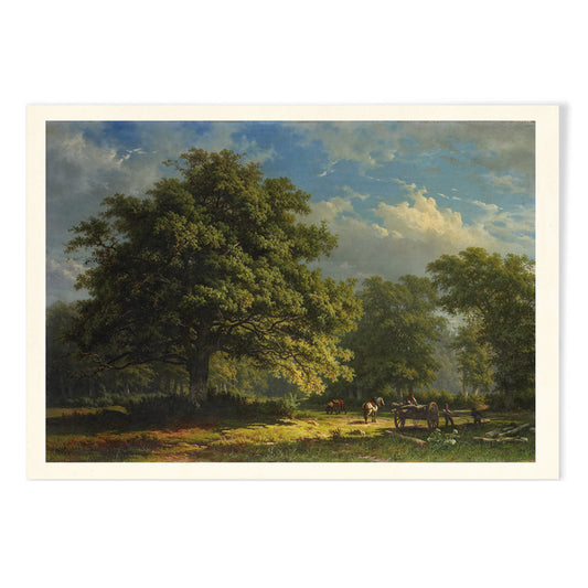 Pastoral landscape poster of The Bentheim Forest by George Andries Roth showing lush green forest large trees and people working with horses, with black aluminium frame on white background