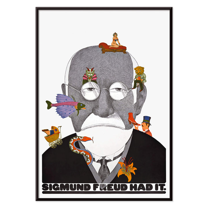 Surreal Sigmund Freud portrait and poster with colorful whimsical illustrations by Seymour Chwast, with black aluminium frame on white background