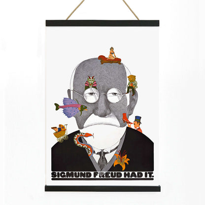 Surreal Sigmund Freud portrait and poster with colorful whimsical illustrations by Seymour Chwast, with wooden magnetic frame on white background