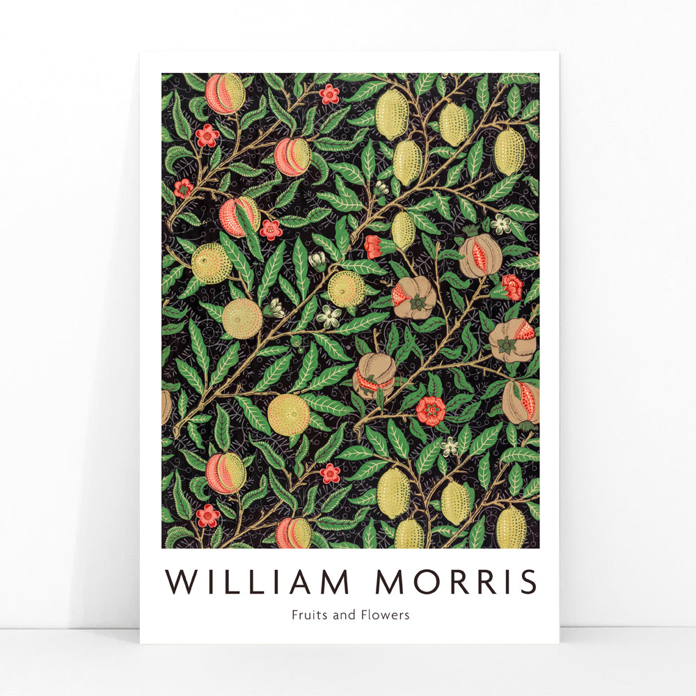 Colorful fruit and floral pattern artwork by William Morris featuring detailed branches leaves and vibrant fruits ideal for home decor, framed and displayed in modern living room decor