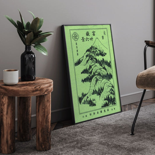 Hokusai Fugaku sanjurokkei 36 views of Mount Fuji traditional Japanese artwork poster featuring mountain landscape green mountains and Japanese characters, framed and displayed in home decor