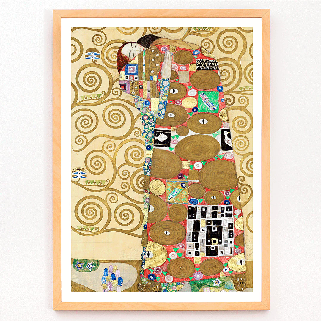 Fulfillment by Gustav Klimt vibrant embrace poster with intricate figures colorful patterns and swirling golden backgrounds, framed and displayed in modern living room decor