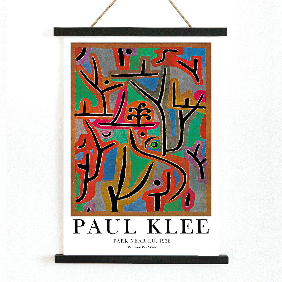 Exhibition poster of Park Near Lu by Paul Klee featuring vibrant abstract shapes and bold lines in diverse colors, with wooden magnetic frame on white background