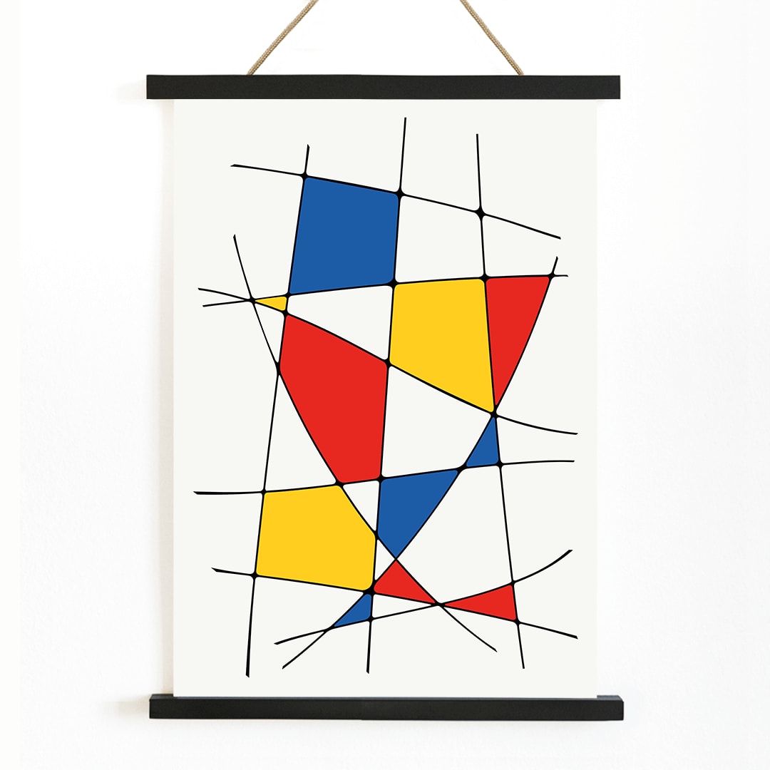 Abstract art painting and poster titled Geometric Lines and colors 1 featuring intersecting black lines with red yellow and blue colorful shapes, with wooden magnetic frame on white background