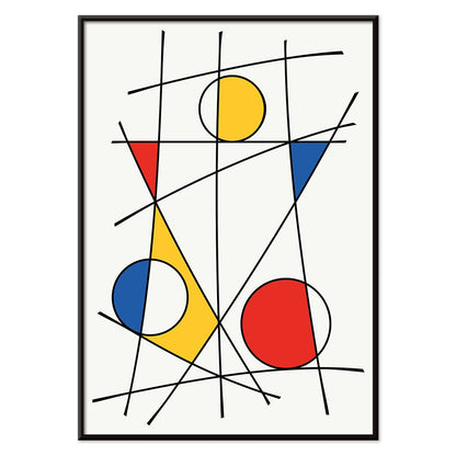 Abstract artwork by Geometric Lines and colors 3 with intersecting black lines and vibrant geometric shapes in red blue and yellow, with black aluminium frame on white background