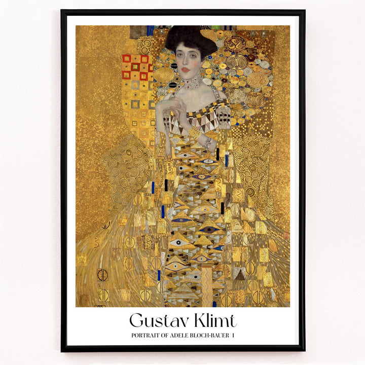 Closeup detail of Elegant woman in golden dress with intricate patterns Portrait of Adele Bloch-Bauer I by Gustav Klimt gold tones wall decor poster