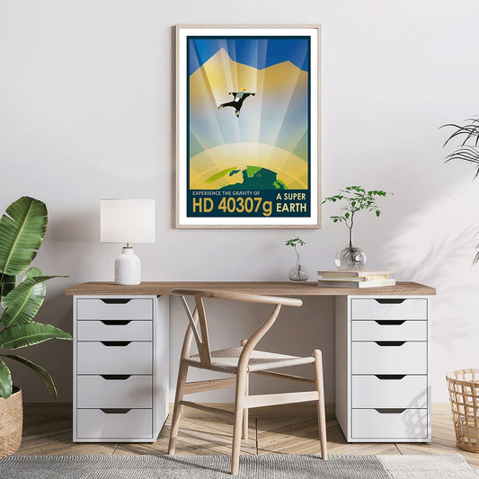 Astronaut skydiving above alien landscape HD 40307g super earth by NASA space exploration poster, framed and displayed in home decor