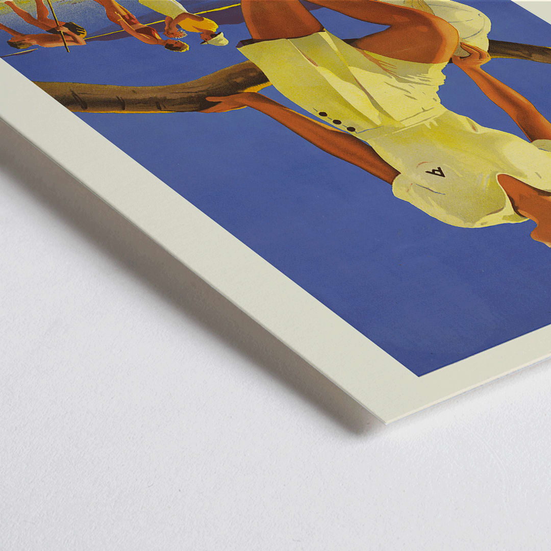 Closeup detail of Vintage travel poster by Percival Albert Trompf showing a woman sitting on a branch at the Great Barrier Reef with people enjoying the beach in the background