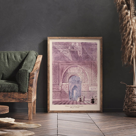 Charles Hamilton Smith painting and poster of Entrance to the Hall of Ambassadors Alcazar at Seville featuring detailed architectural scene with figures, framed and displayed in home decor