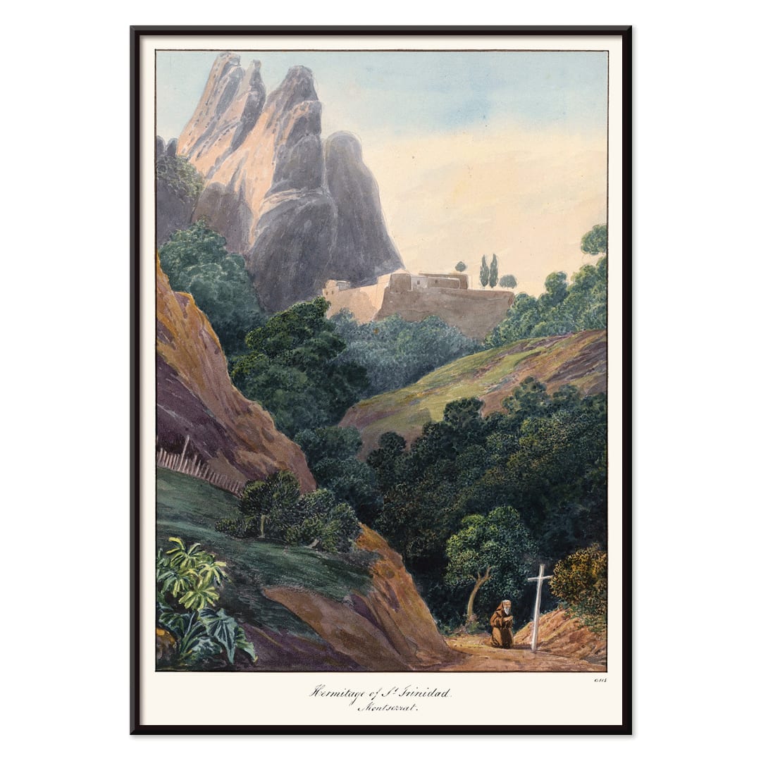 Painting of Hermitage of St Trinidad Montserrat by Charles Hamilton Smith with mountainous landscape lush trees and monk, with black aluminium frame on white background
