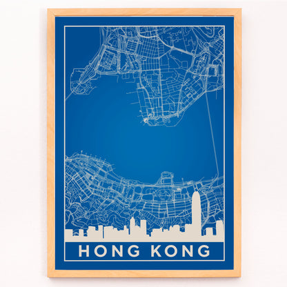 Hong Kong Minimalist Map by Artist Name blue urban blueprint wall art poster featuring city skyline and street layout, framed and displayed in modern living room decor