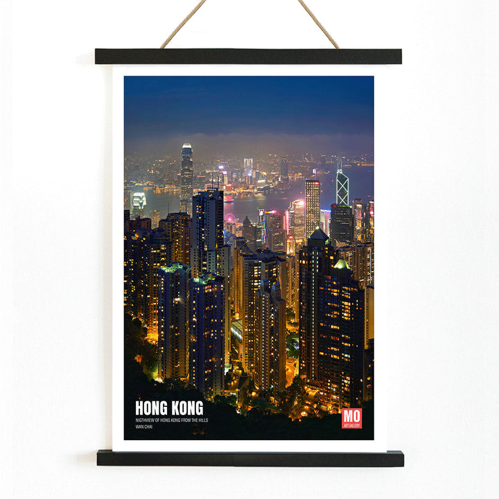 Hong Kong Nightview by Mo Art Gallery featuring a vibrant illuminated city skyline and skyscrapers at night, with wooden magnetic frame on white background