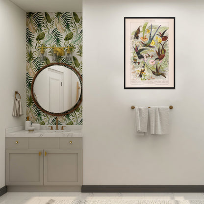 Colorful hummingbirds and tropical flowers poster illustration from Kolibris by Friedrich Arnold Brockhaus, framed and displayed in home decor