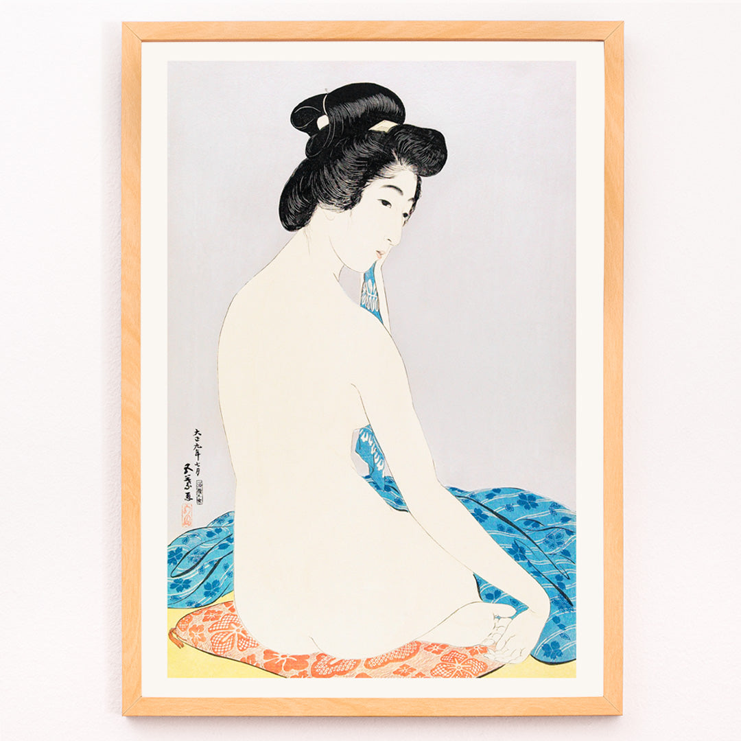 Closeup detail of Japanese woman sitting with towel and nude woman on colorful fabrics in Woman After a Bath by Goyo Hashiguchi poster