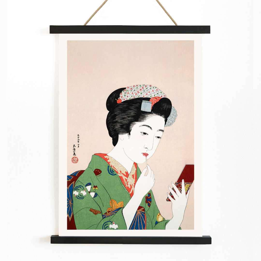 High resolution fine art poster of Japanese woman in kimono applying makeup by Goyo Hashiguchi Woman Applying Rouge, with wooden magnetic frame on white background