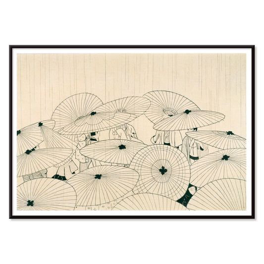 Minimal Japanese art poster of people holding traditional umbrellas in the rain from Osen Umbrellas by Komura Settai, with black aluminium frame on white background