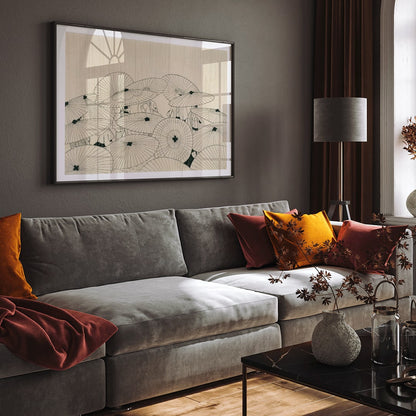 Minimal Japanese art poster of people holding traditional umbrellas in the rain from Osen Umbrellas by Komura Settai, framed and displayed in home decor