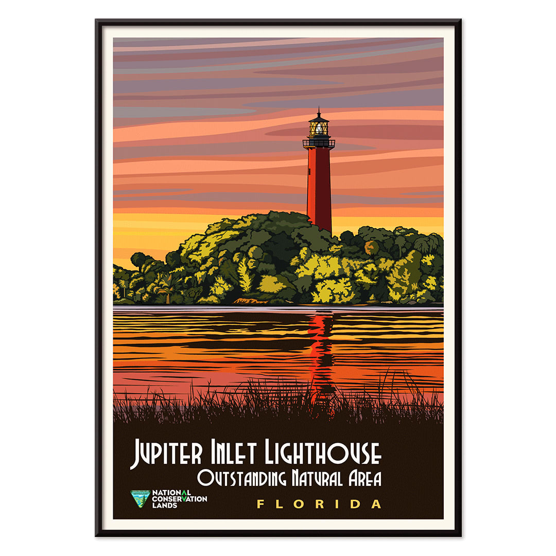 Jupiter Inlet Lighthouse Outstanding Natural Area in Florida artwork and poster with sunset reflection on water and trees, with black aluminium frame on white background