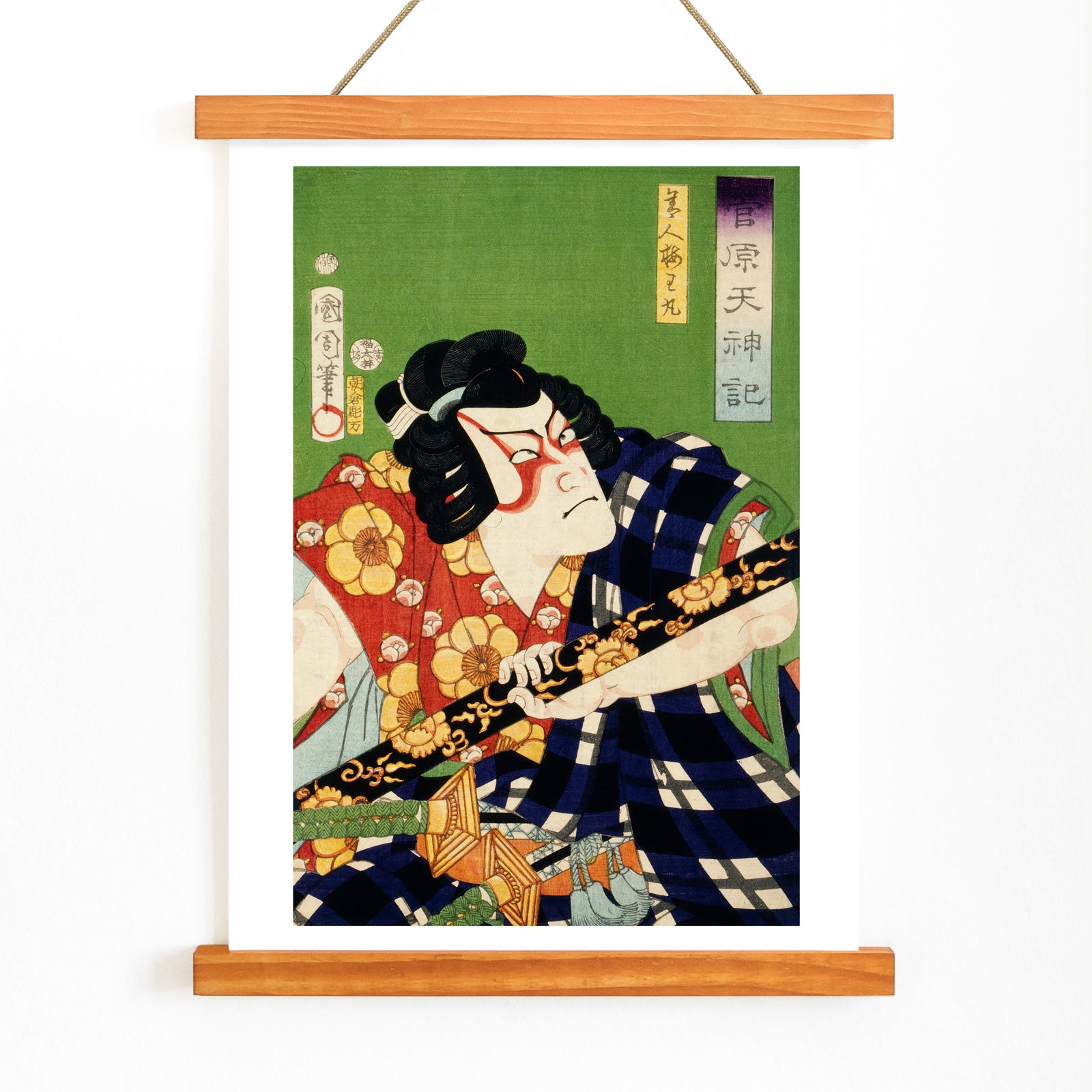 Ukiyo-e illustration and poster of kabuki actor in colorful costume by Toyohara Kunichika Japanese art, with wooden magnetic frame on white background