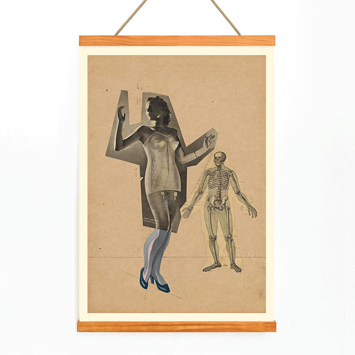 Collage and poster of a woman and skeleton Girl and Death artwork by Karl Wiener featuring a woman in a corset and skeleton illustration on a beige background, with wooden magnetic frame on white background