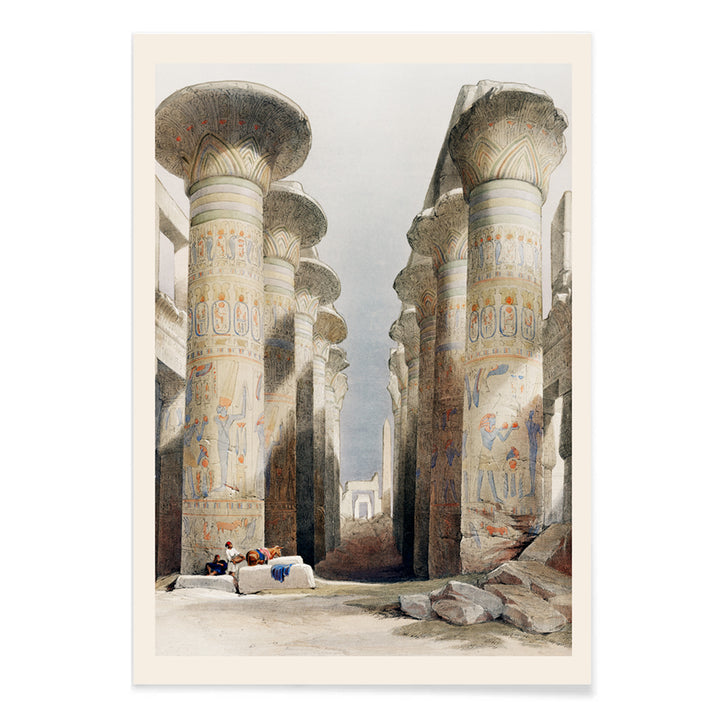 Ancient Egyptian columns and hieroglyphs in Great Hall at Karnak temple in Thebes artwork and poster illustration by David Roberts showing ruins, with black aluminium frame on white background