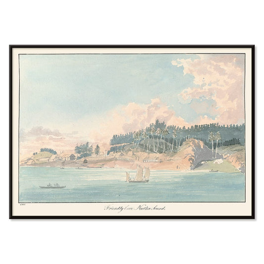 Seaside village and coastal landscape painting with sailboats and forested hill titled Friendly Cove Nootka Sound by Charles Hamilton Smith, with black aluminium frame on white background