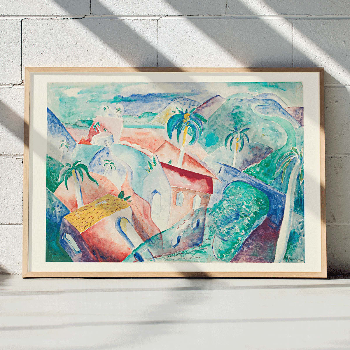Colorful abstract Cuban landscape painting by Paul Gaulois featuring palm trees and vibrant houses in a tropical scenic setting poster, framed and displayed in modern living room decor
