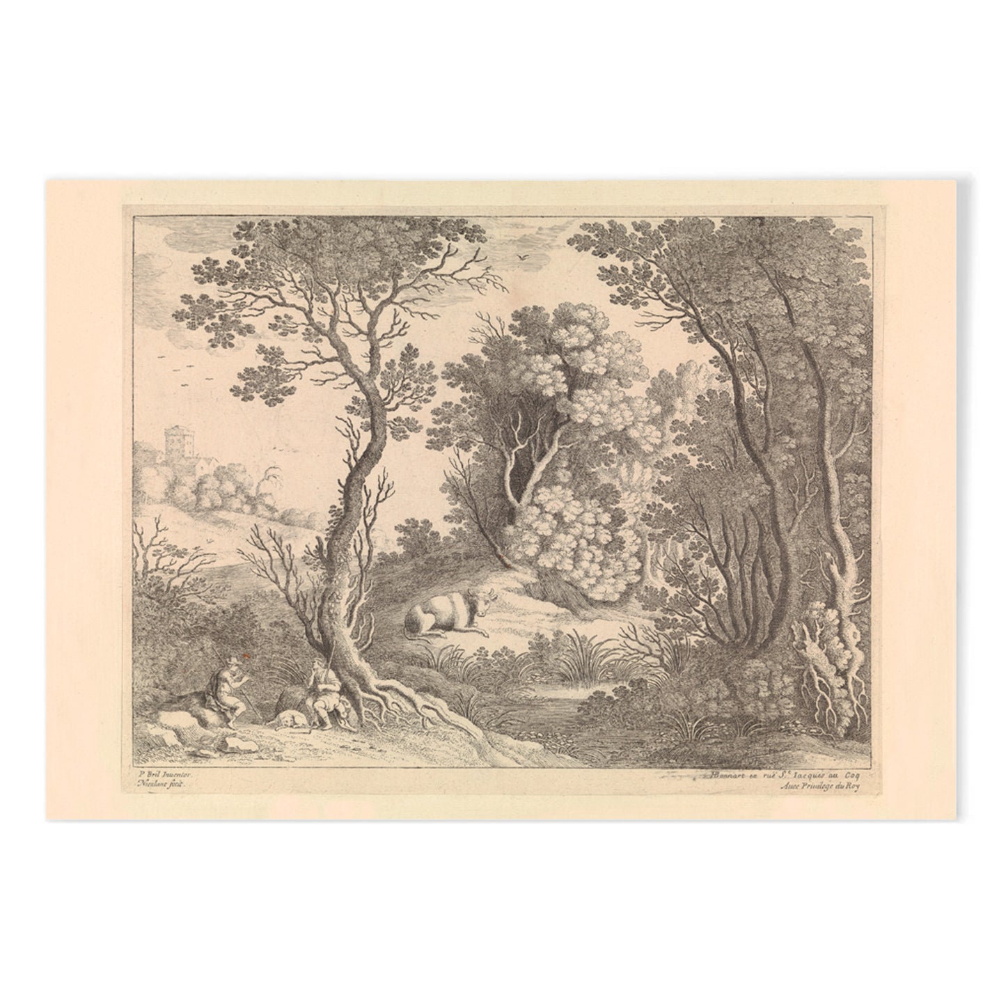 Mercury playing the flute in a detailed forest landscape with trees animals and natural scenery by Willem van Nieulandt poster, with black aluminium frame on white background