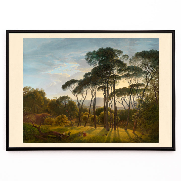 Closeup detail of Italian landscape with umbrella pines and distant hills by Hendrik Voogd poster scenic countryside art