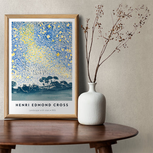 Landscape with Stars by Henri Edmond Cross colorful night sky painting and poster featuring blue and yellow star filled sky above dark landscape, framed and displayed in home decor