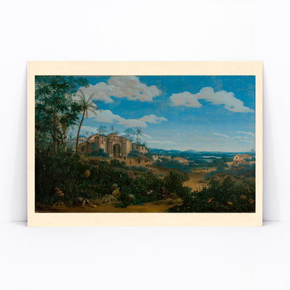 Poster of lush landscape and historic colonial buildings in View of Olinda Brazil by Frans Jansz Post, framed and displayed in modern living room decor