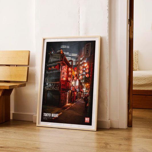 Vibrant Tokyo street at night with illuminated lanterns artwork titled Tokyo Night by Mo Art Gallery, framed and displayed in home decor