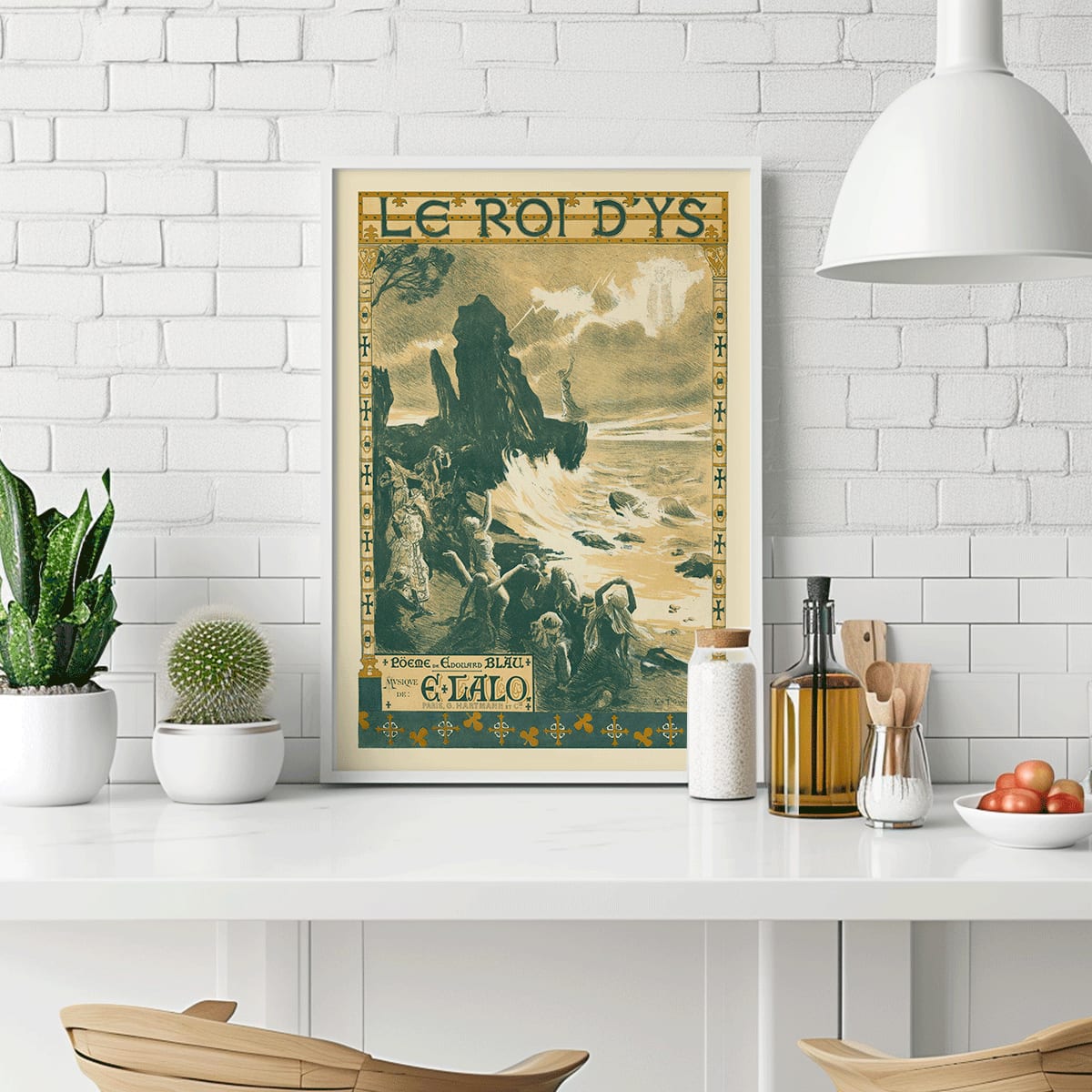 Poster of Edouard Lalo Le roi d Ys by Auguste Francois Marie Gorguet showing a dramatic seaside scene with stormy seas and people along the rocky shore, framed and displayed in modern living room decor