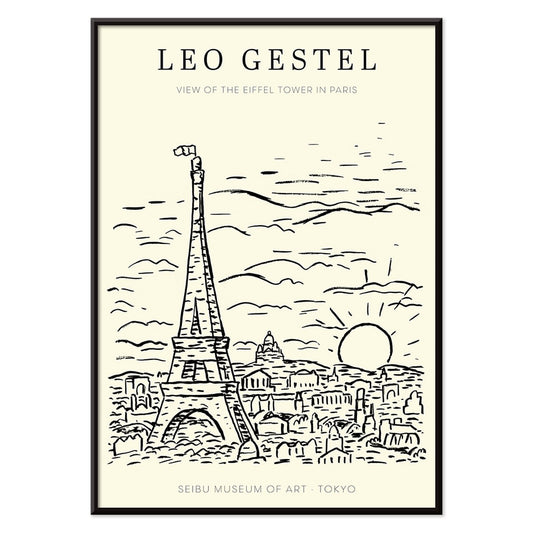 Artwork by Leo Gestel View of the Eiffel Tower in Paris sketch of Eiffel Tower and cityscape poster, with black aluminium frame on white background
