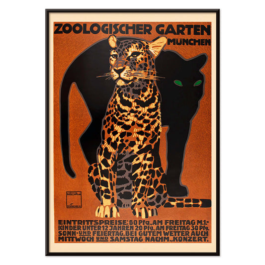 Leopard and black panther poster for Zoologischer Garten München by Ludwig Hohlwein featuring bold text artwork, with black aluminium frame on white background
