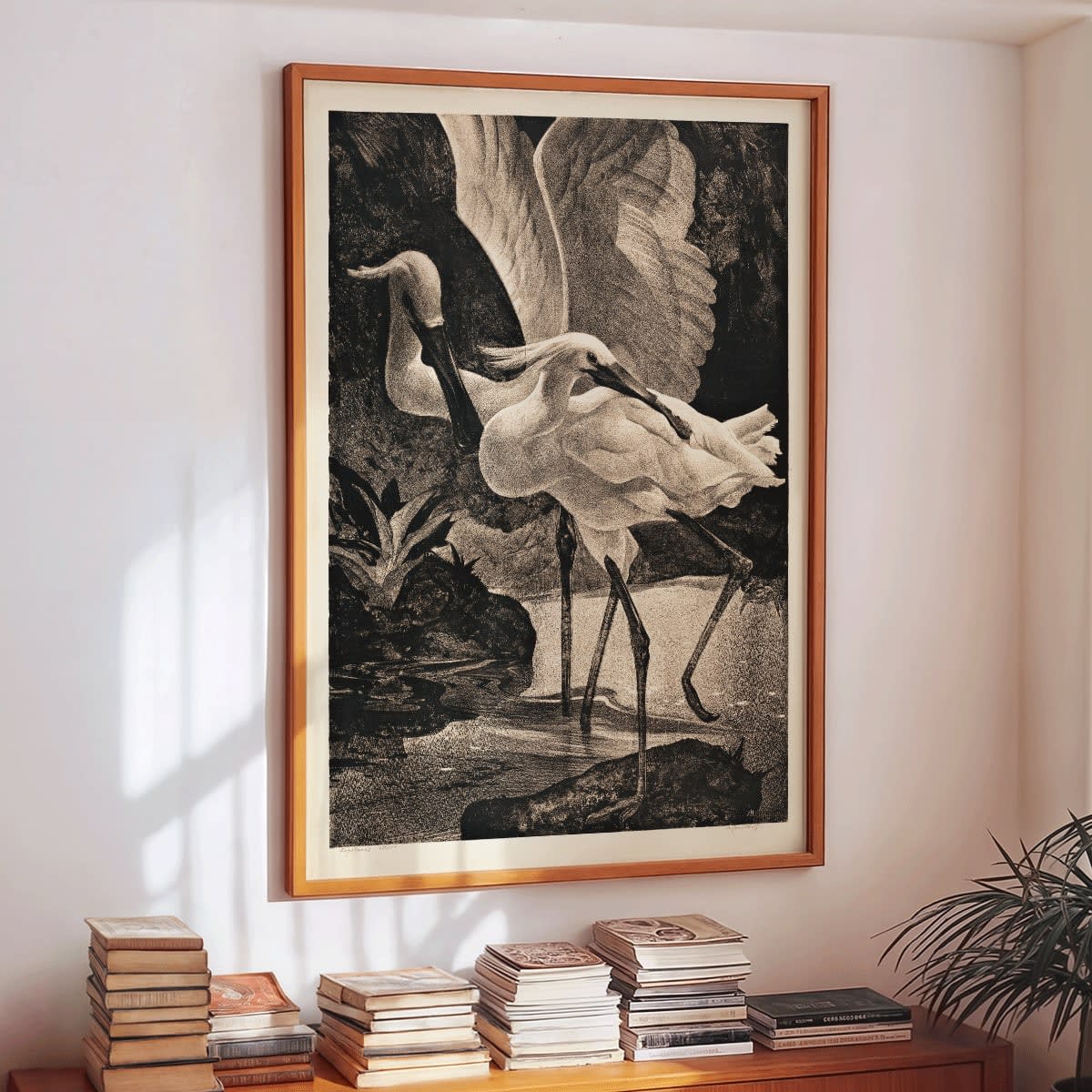 Egrets and spoonbills in natural setting from Lepelaars artwork by Adriaan van Hoff poster, framed and displayed in home decor