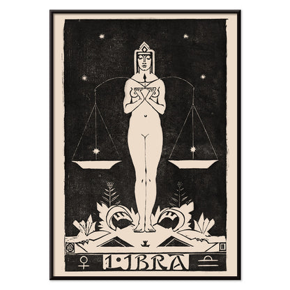Art Nouveau Libra zodiac sign illustration by Henri van der Stok featuring a woman holding balanced scales and stars, with black aluminium frame on white background