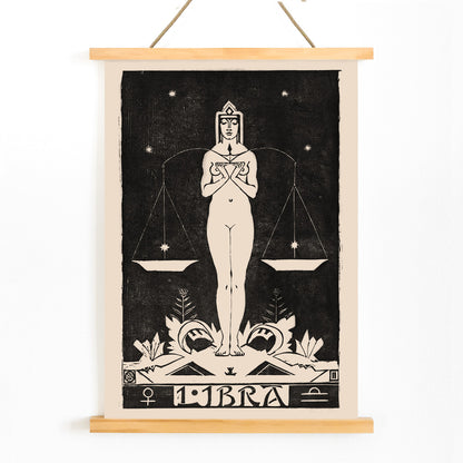 Art Nouveau Libra zodiac sign illustration by Henri van der Stok featuring a woman holding balanced scales and stars, with wooden magnetic frame on white background