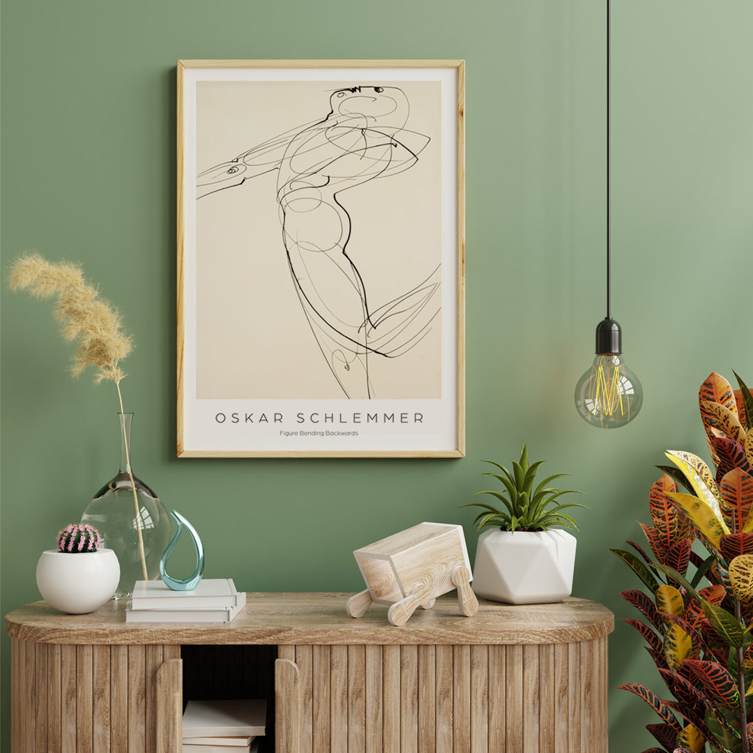 Abstract line drawing poster of a human figure bending backwards by Oskar Schlemmer from Figure Bending Backwards, framed and displayed in home decor