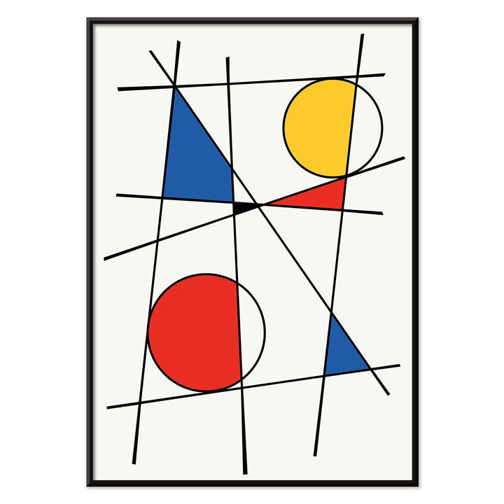 Colorful geometric shapes and intersecting lines in yellow red and blue abstract poster titled Geometric Lines and Colors 2 by Anonymous, with black aluminium frame on white background