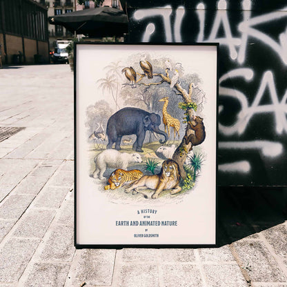 Wild animals and birds illustrated on the cover of A history of the earth and animated nature by Oliver Goldsmith poster, framed and displayed in modern living room decor