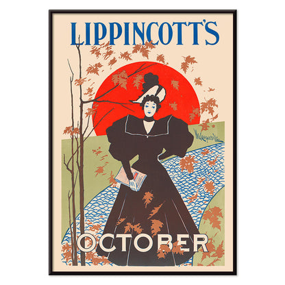 Lippincotts October poster by William Carqueville featuring an elegant woman in a black dress holding a book with autumn leaves, with black aluminium frame on white background