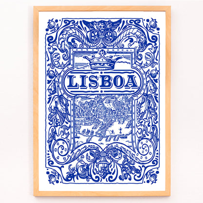 Artistic depiction and poster of Lisbon cityscape in blue and white azulejos with ornate designs titled Lisbon Azulejo Blue painted tile 2, framed and displayed in modern living room decor
