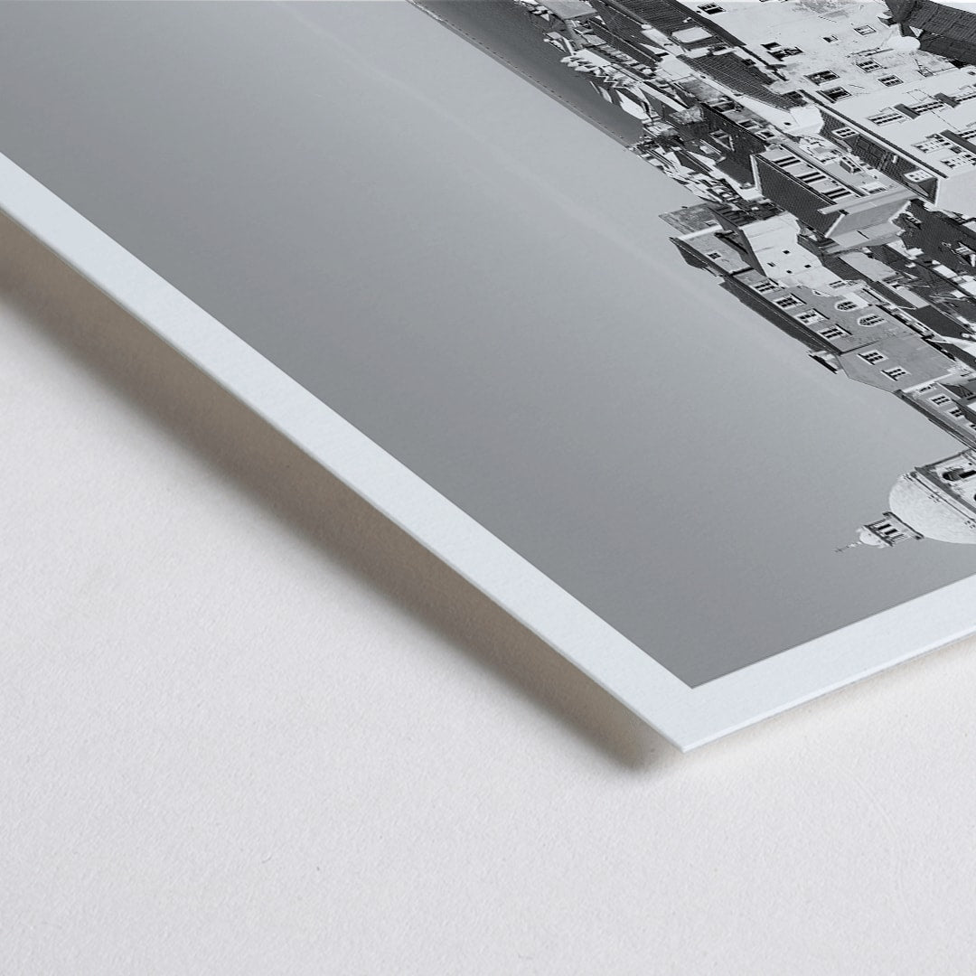 Closeup detail of Black and white landscape of Lisbon Old City with historic architecture rooftops and distant sea view poster by Picture 2