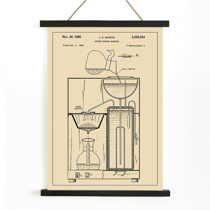 Vintage coffee making machine patent drawing and technical poster by JC Martin with labeled components and mechanisms, with wooden magnetic frame on white background