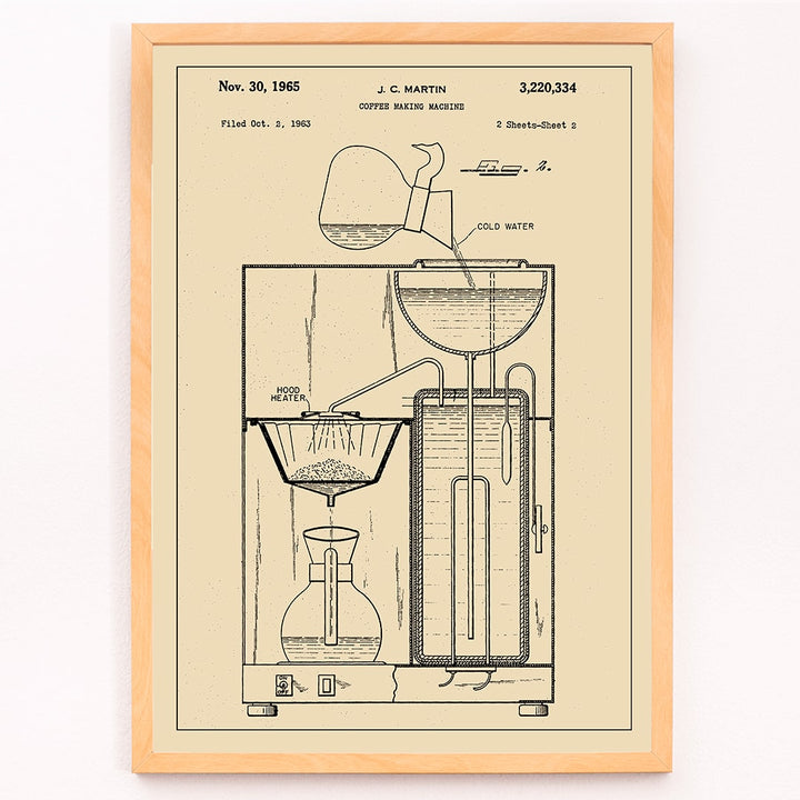 Vintage coffee making machine patent drawing and technical poster by JC Martin with labeled components and mechanisms, framed and displayed in modern living room decor