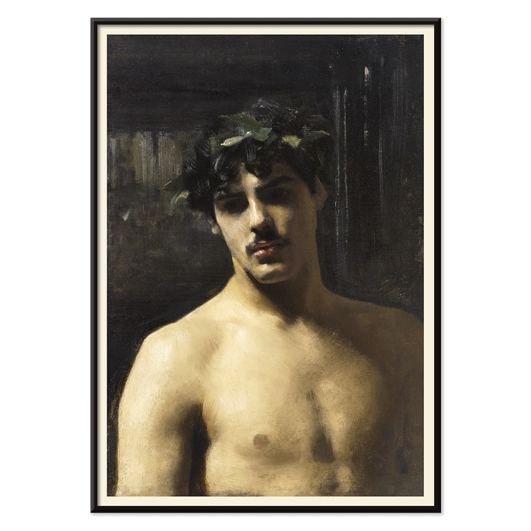 Man Wearing Laurels painting by John Singer Sargent poster featuring a shirtless man with a laurel wreath on his head, with black aluminium frame on white background