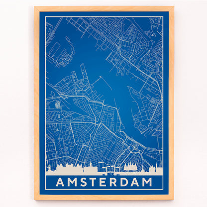 Amsterdam minimalist map artwork poster in blue and white showing detailed city streets and waterways, framed and displayed in modern living room decor
