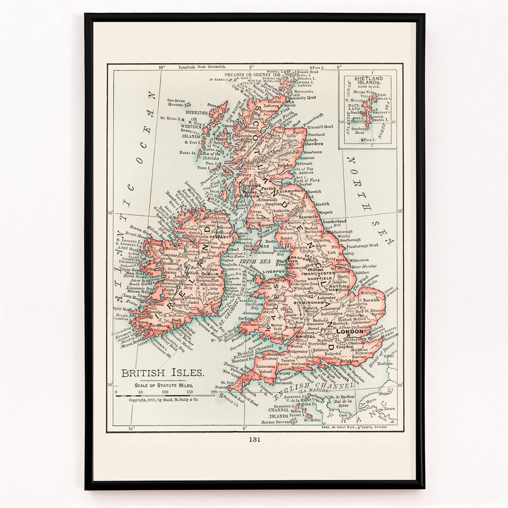 Closeup detail of Vintage cartographic map of the British Isles from Universal Atlas of the World as detailed artwork poster
