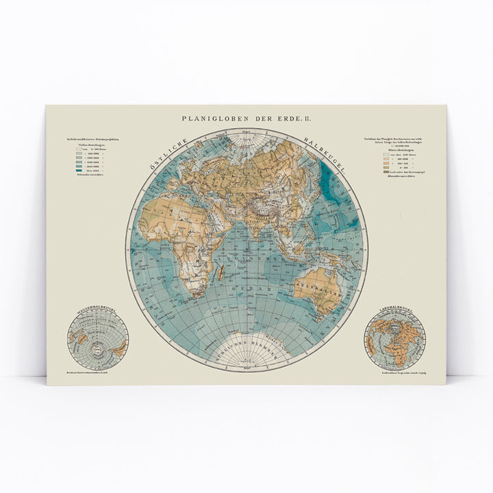 Detailed vintage world map illustration and poster titled Planiglobes of the Earth II by The Institute of Liepzig featuring colored geographical features, framed and displayed in modern living room decor